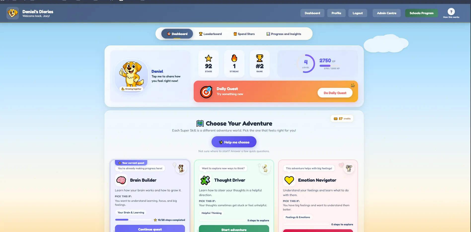 Child dashboard with Daniel, stars, streak and daily quest